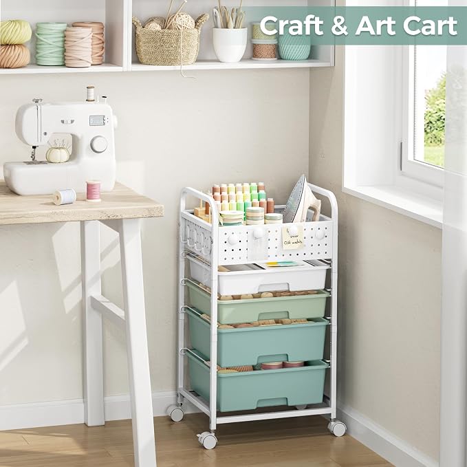 4 Drawer Rolling Storage Cart with Pegboard Top and Hooks, Gradient Green | Mobile Organizer Cart with Wheels for Office Supplies, Craft Storage, Classroom Organization, Home Utility Cart - Image 7