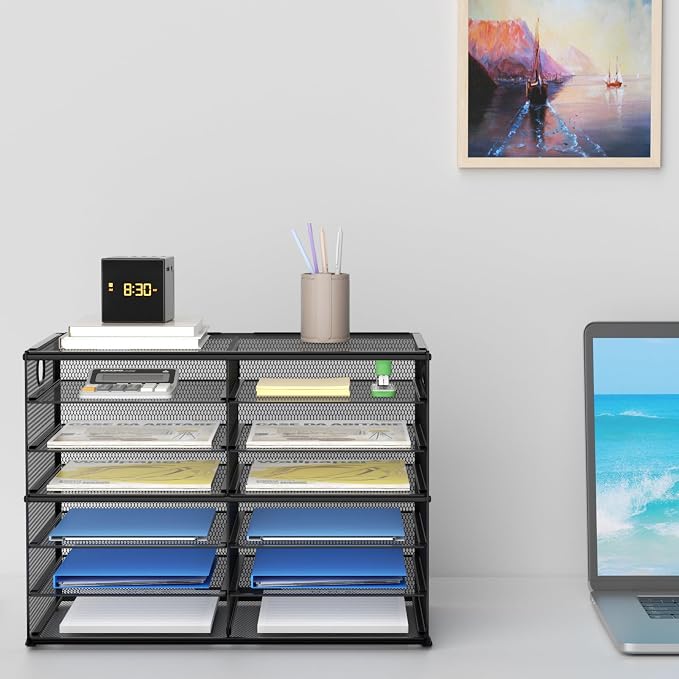 Lavatino 12 Compartments Paper Organizer for Desk, Mesh Literature Organizer, Mail File Sorter Tray with Handle, Desktop Mailbox for Office Classroom Home, Black - Image 7