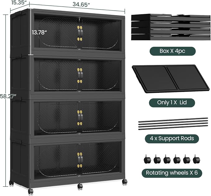 960QT Extra Large Stackable Storage Bins with Lid, 240Gal Plastic Closet Organizers and Storage Drawer, Collapsible Cabinet Box with Wheels Clear Doors for Home Kitchen Garage, 4Pack Black - Image 2