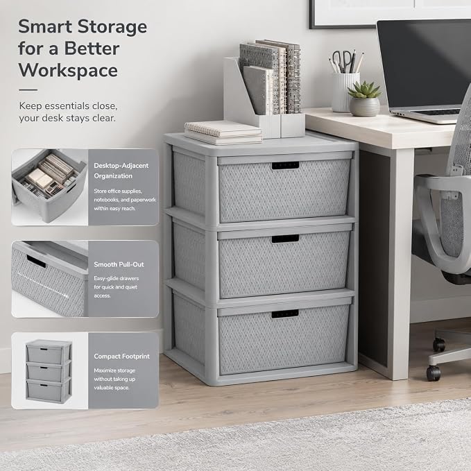 3-Drawer Storage Tower, Gray Woven Plastic Organizer with Pull Handles - Image 9