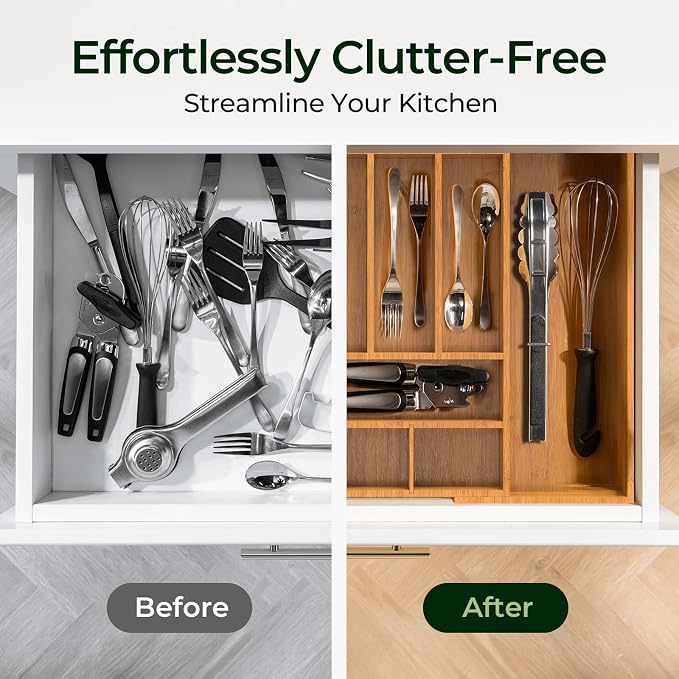 keechee Carbonized Large Bamboo Kitchen Drawer Organizer, 12 Slots Expandable Silverware Organizer, Utensil Holder & Cutlery Tray, 2.5" Deep for Extra Capacity, Non-Slip Feet Included - Image 8