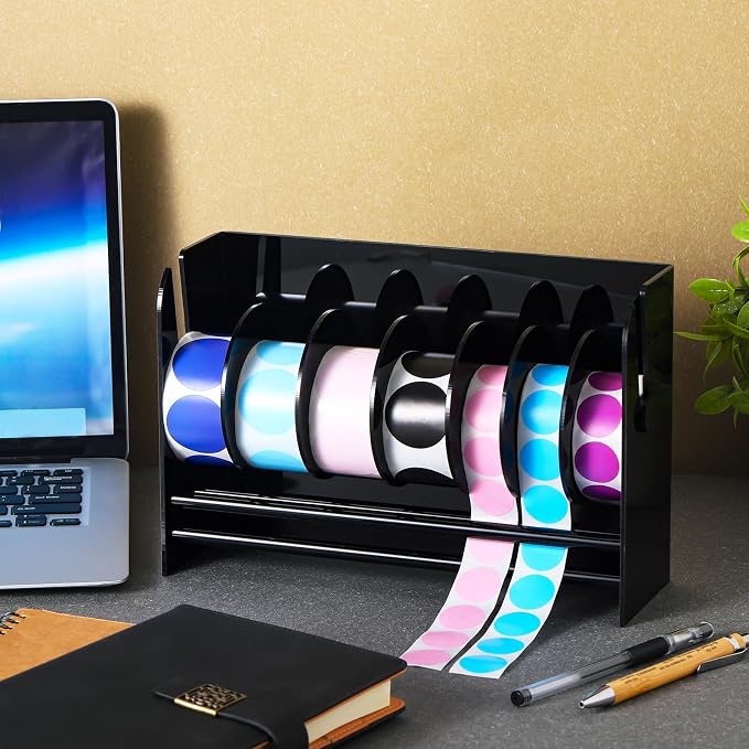 Qilery Adjustable Label Dispenser Acrylic Roll Sticker Dispenser Sticker Holder Organizer Label Stand for Holding Office Home Journal Business Use(7 Disks Black) - Image 3