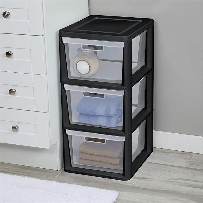 Plastic Drawer Wide Tower Plastic Storage Cart with Clear Pull Out Drawers, Black (Black, 3 Drawer Wide Tower) - Image 6