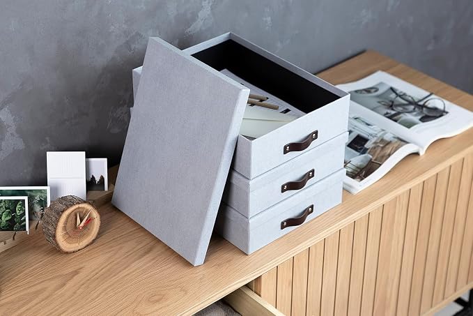 Bigso Oskar Canvas Fiberboard Document Letter Box - File Organizer Box for Important Paperwork - Document Storage with a Lid & Handle - 3.3 in x 10.2 in x 13.8 in - 3 Pack - Blue - Image 8