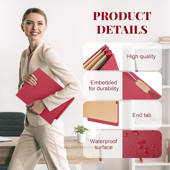 Skyygemm 24 Pack Classification Folders, Letter Size,3 Dividers,Red | Pressboard File Folders, 2 Prong Fasteners, 3" Expanding, Manila, End Tab, for Office School Legal Records Medical - Image 3