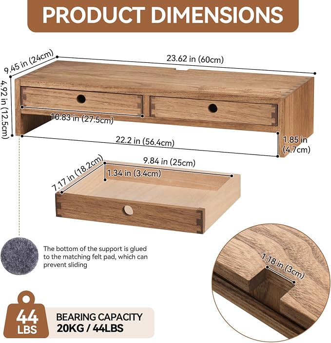 KIRIGEN Solid Wood Monitor Stand with 2 Drawers, Desk Riser, Brown PMJ-DBR | Desktop Organizer with Cable Opening and Pen Slots Stores Office Supplies, Supports Up To 50 Lb and Arrives Fully Assembled - Image 6