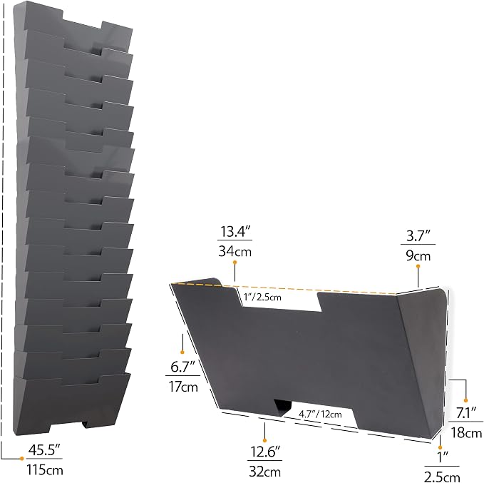 Wallniture Lisbon 15-Tier Wall Mounted File Holder and Desk Organizer, Metal Gray Office Organization and Storage Rack - Image 5