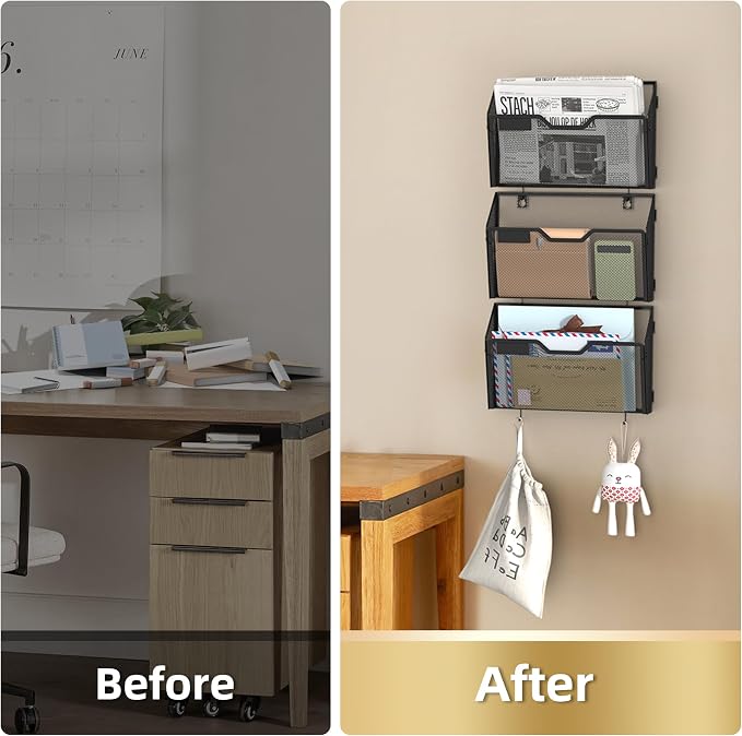Docnest 6 Pack Mesh Wall File Holders with Hooks for Mail, Black | Space-saving vertical design with utility hooks. Ideal paper document organizer for office, home, and school - Image 3