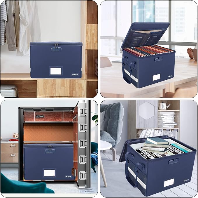 ENGPOW File Box with Lock, Fireproof Document Box with Pockets, Collapsible File Organizer Filing Storage Cabinet with Handle, Portable Home Office Safe for Hanging Letter/Legal Folders, Blue, 2 Pack - Image 2