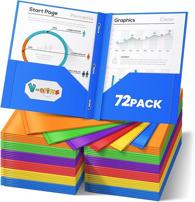 V-Opitos 72 Packs 2 Pocket Folders with 3 Prongs Fastener Clasps, Bulk Heavy Duty Plastic Folders, Multicolor Files Folders in 6 Colors for School and Office by Wearecommittedtotheresearchandproductionofhigh-qualitykidstoysschoolofficesuppliesandholidayproducts