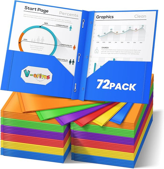 V-Opitos 72 Packs 2 Pocket Folders with 3 Prongs Fastener Clasps, Bulk Heavy Duty Plastic Folders, Multicolor Files Folders in 6 Colors for School and Office by Wearecommittedtotheresearchandproductionofhigh-qualitykidstoysschoolofficesuppliesandholidayproducts