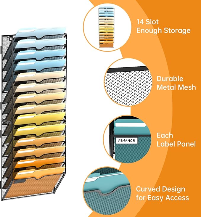 14 Tier Wall File Organizer, Hanging Wall Mounted Mail Organizer with Label Slots, Metal Mesh File Holder Magazine Rack for Office, Home, School or Classroom, Black - Image 3