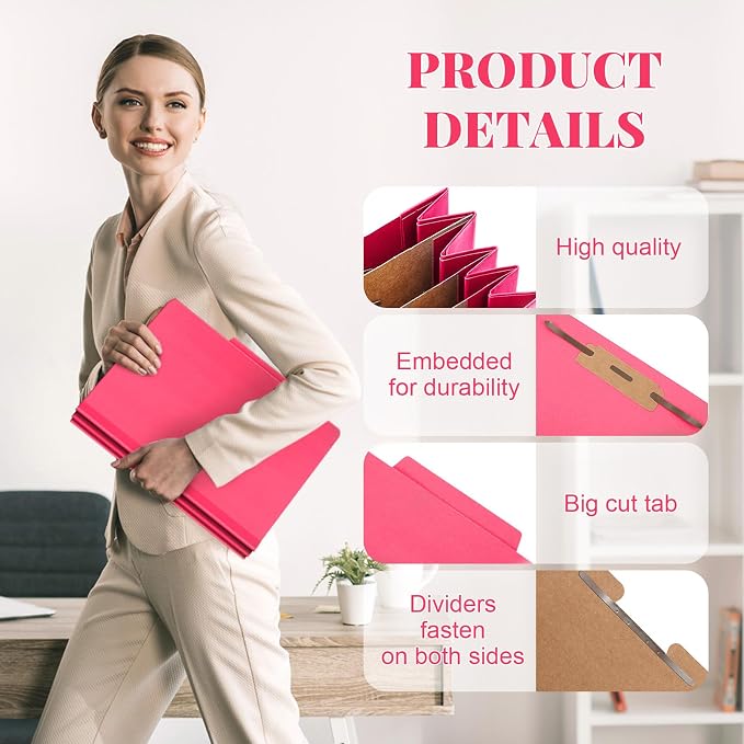 AmazingSpark 24 Pcs Classification Folder Letter Size Bulk 3 Divider Pressboard File Folder with Expansion 2 Prong Fastener Heavy Duty Office File Organizer for School Medical Document(Hot Pink) - Image 3