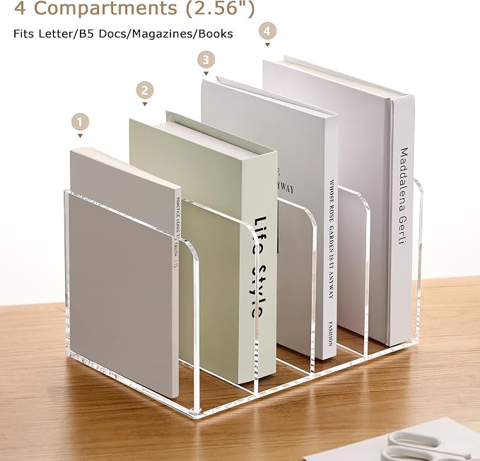 YUXUN Clear Acrylic Magazine File Holder, 4 Compartment Vertical Desk Organizer, 5mm Thick Document Sorter with Non-Slip Base, No Assembly for Office Home Classroom, Holds Binders, Books, Tablets - Image 4
