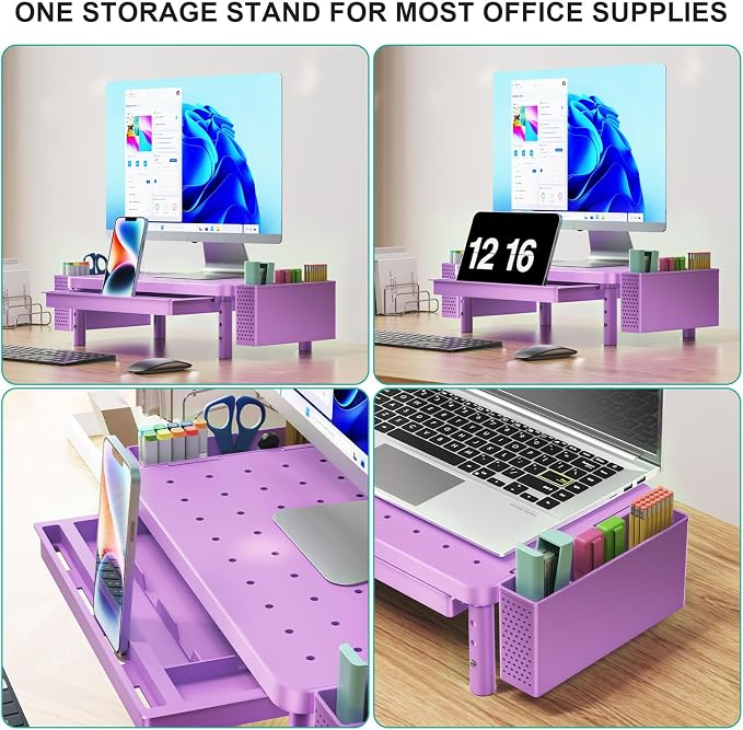WALI Computer Monitor Stand with Storage, Desk Organizer with Drawer and Pen Holder, Desk Monitor Riser 3 Height Adjustable, Laptop Riser for Laptop, Printer (PTT003-V), 1 Pack, Violet - Image 3