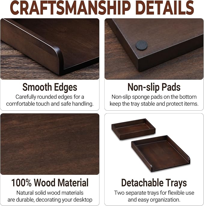 Wood 2-Tier Letter Tray, Stackable Detachable Paper Tray Desk Organizer | Detachable A4 File Holder, No-Assembly Desk Mail Sorter, Walnut Color Wood, Home Office Storage, Letter Paper Tray - Image 9