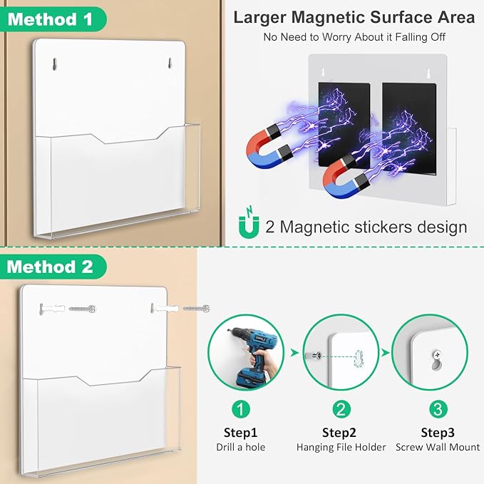 Magnetic Wall File Organizer - Clear Acrylic Hanging File Holder, Wall Mount Folder Mail Document Magazine Holder for Office, Fridge, Whiteboard, 2Pack - Image 2