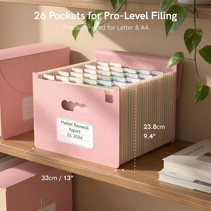 ABC life 26 Pockets Accordion File Organizer, Blush Pink | Expanding File Folder for Letter/A4 Size, Portable Document Holder with A-Z Tabs for Tax Receipt, School, Home, Office - Image 2