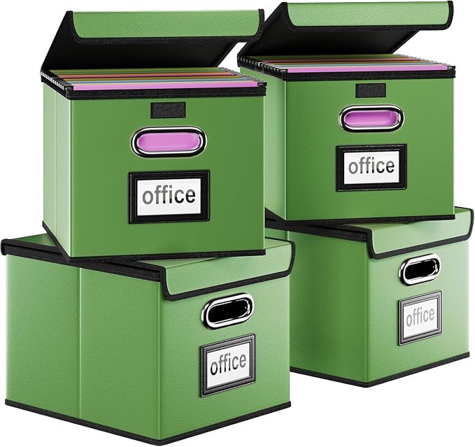 File Organizer Box with Lids, Collapsible File Folder Organizer | File Box with Plastic Slides for Document, Filing Bin for Letter Size Hanging File Folders (4 Pack, Green, Leather) by Huolewa