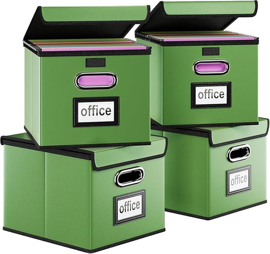 File Organizer Box with Lids, Collapsible File Folder Organizer | File Box with Plastic Slides for Document, Filing Bin for Letter Size Hanging File Folders (4 Pack, Green, Leather) by Huolewa