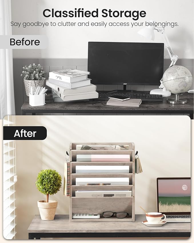Wall File Organizer, 6-Tier Vertical Mount Hanging Holder with 2 Side Hooks, Modern Wooden Magazine Storage Holder with Bottom Tray, Desk Organizer, for Office, Home, Greige MWJ01FH - Image 7