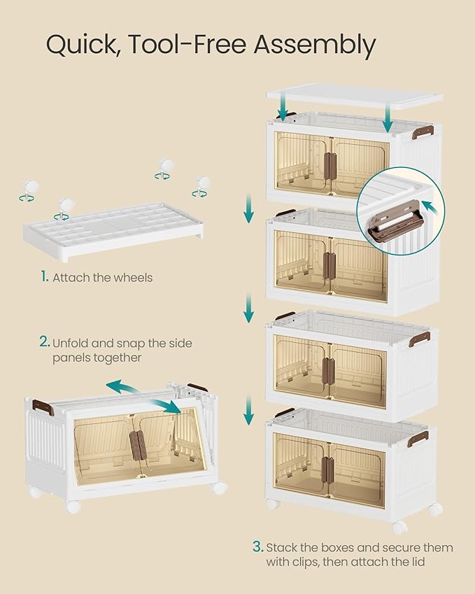 SONGMICS 48QT Plastic Storage Bins with 1 Lid, 4-Tier Stackable Bins with Doors and Wheels, Foldable Storage Boxes, for Closets, Bedroom, Living Room, Office, White URLB450WZ01 - Image 4