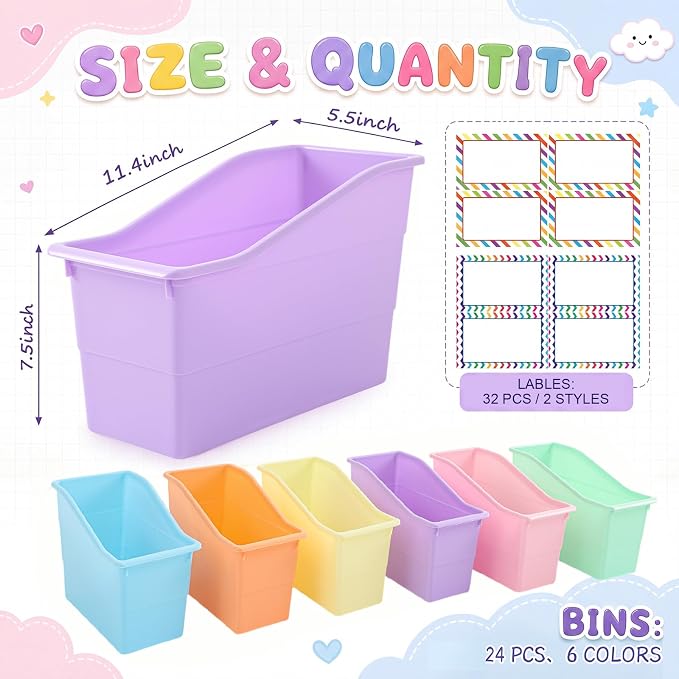 Blosssound 24 Set Book Bins for Classroom with Label Sticker Book Box Baskets Plastic Stackable Organizing Bins Storage & Organization for Classroom Library Home School Supplies (Pastel) - Image 2