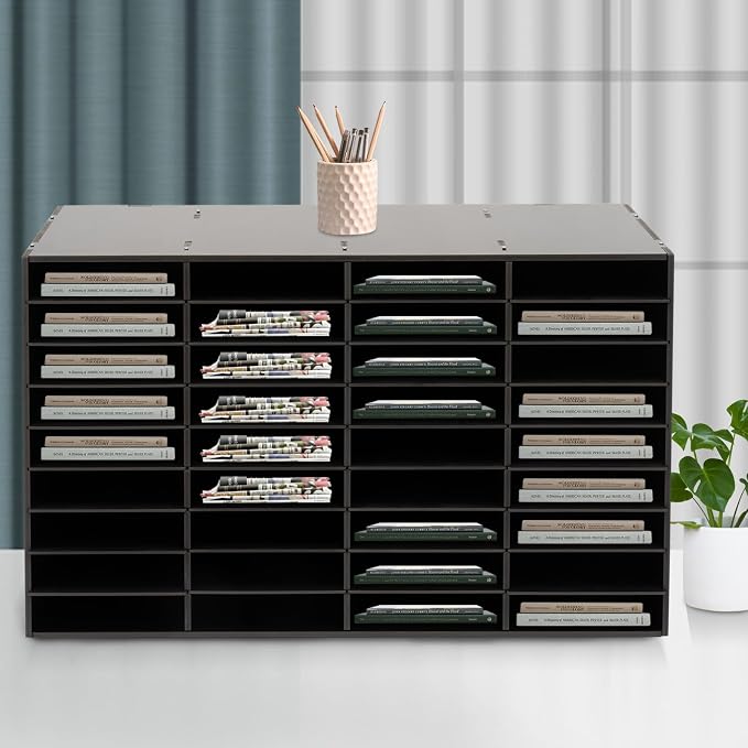 36 Slots Literature Organizer, Mail File Sorter for Classroom/Office/Home | PVC File Storage Desktop Paper Cabinet with Adjustable Compartments, Multi-Purpose Mail Center (Black-36 Compartments) - Image 2