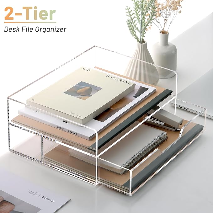 SANRUI Acrylic Desk Organize with Drawer, Stackable File Organizer, 2-Tier | Clear Paper Organizer Letter Tray, Versatile Desk Organizers and Accessoriesfor Office Classroom Home,12.4x8.86x5.1in - Image 5