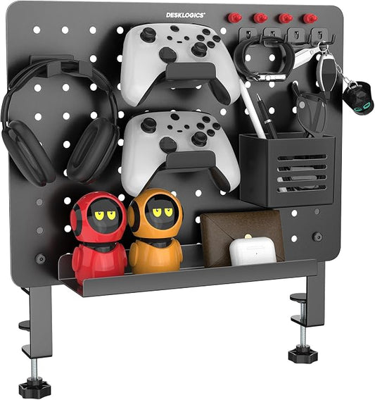 Clamp on Desk Pegboard 16.5"x12.6", Black Heavy Duty Steel Desktop Organizer with 4 Magnet Pins, No-Drill Metal Peg Board Mount for Office & Gaming, Horizontal/Vertical by DeskLogics
