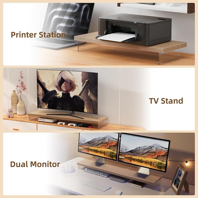 Dual Monitor Stand Riser, 40" Large Computer Monitor Stands for 2 Monitors, Wooden Desktop Organizer Shelf for Office Desk Computer, Laptop, TV, Monitor, Printer | Computer Monitor Stand Riser With Wood & Acrylic Design; Fits 2 Monitors, Laptop, Printe... - Image 6