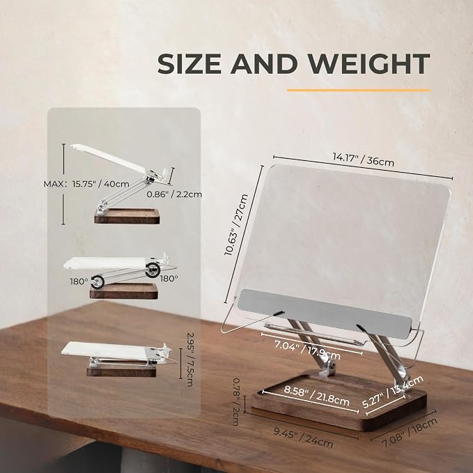 muso wood Acrylic Book Stand with Walnut Storage & Elastic Clips | Adjustable Desktop Holder, Supports Cookbooks, Magazines, Tablets and Laptops - Image 2