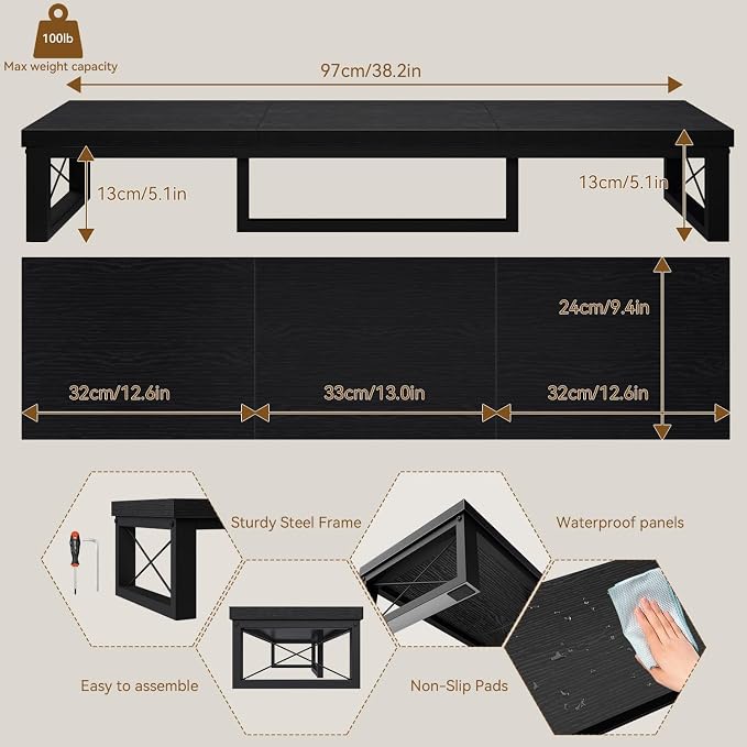 IBUYKE Large Dual Monitor Stand Riser for 2 Monitors, Wooden Desktop Computer Monitor Stand Storage Shelf and Steel Legs,Dual Screen Office Desk,Monitor Riser for Computer, Printer,Laptop,TV,Black UTDJ002B - Image 4