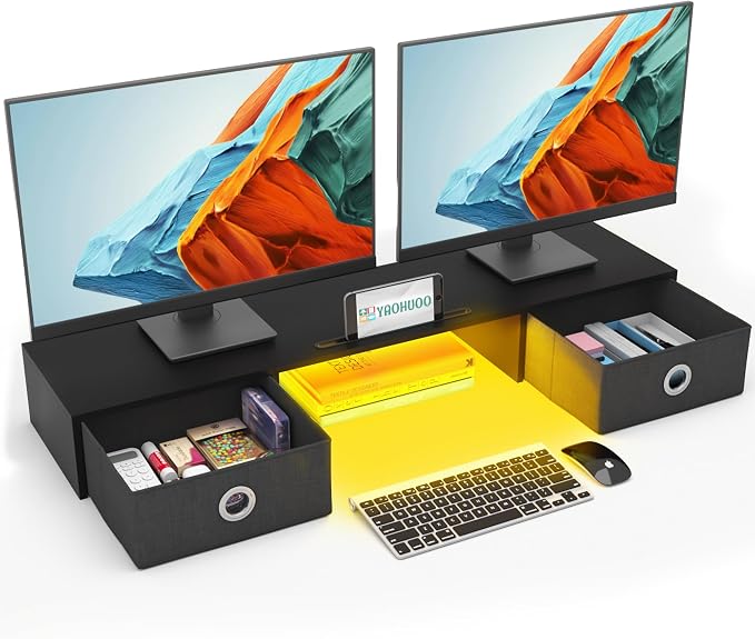 YAOHUOO Dual Monitor Stand with LED Light 2 Drawers, Computer Monitor Riser for 2 Monitors, Large Desktop Organzier with Storage for PC/Laptop/Computer/TV Screen/Printer by YAOHUOO
