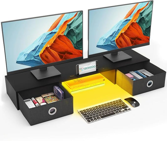 YAOHUOO Dual Monitor Stand with LED Light 2 Drawers, Computer Monitor Riser for 2 Monitors, Large Desktop Organzier with Storage for PC/Laptop/Computer/TV Screen/Printer by YAOHUOO