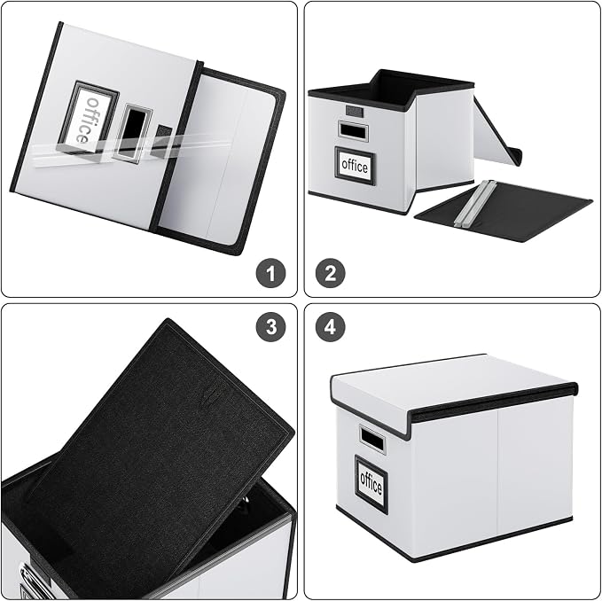 File Organizer Box with Lids, Collapsible File Folder Organizer | File Box with Plastic Slides for Document, Filing Bin for Letter Size Hanging File Folders (2 Pack, Silver, Leather) - Image 7