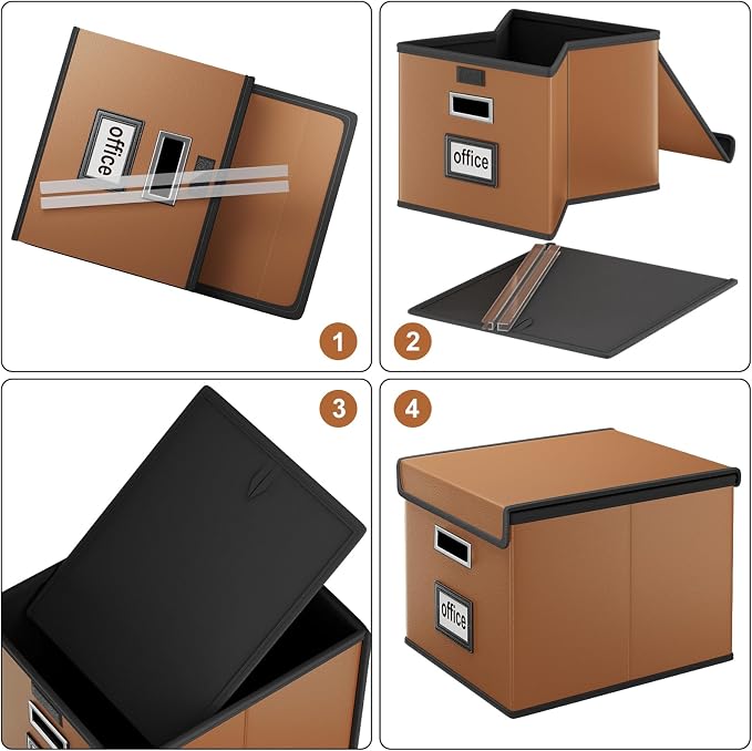 File Organizer Box with Lids, Collapsible File Folder Organizer | File Box with Plastic Slides for Document, Filing Bin for Letter Size Hanging File Folders (1 Pack, Caramel, Leather) - Image 7