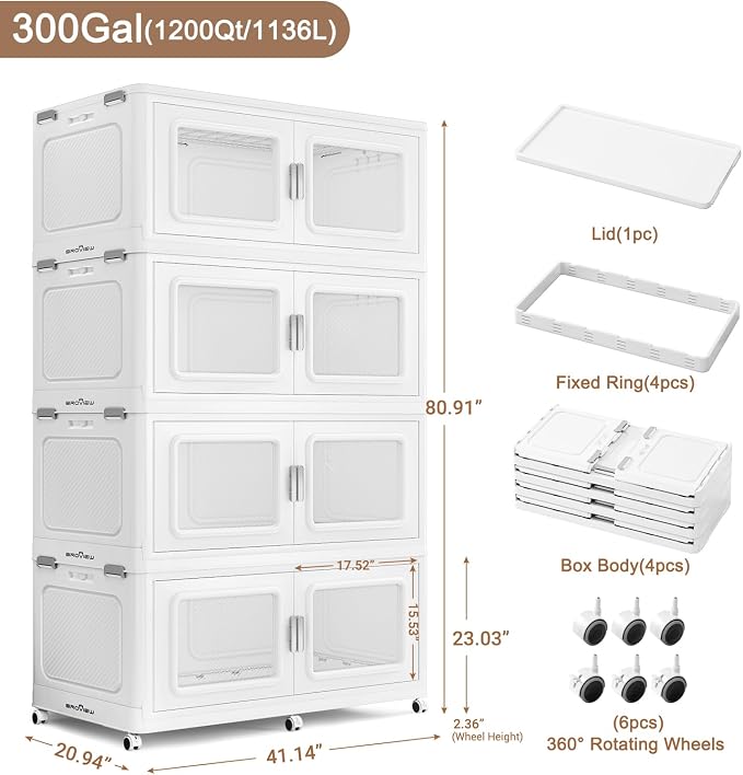 BROVIEW 1200 Qt Extra Large Stackable Storage Bin with 1 Lid, 4 Pack White | 300Gal Extra Large, Collapsible Storage Boxes with 1 Lid, Folding& Rolling Plastic Drawer, Heavy-Duty Cabinet Organization - Image 2