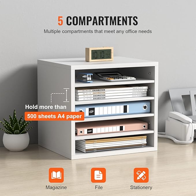 VEVOR Literature Organizers, 5 Compartments Office Mailbox with Adjustable Shelves, Wood Literature Sorter 13.9x12x13 inches for Office, Home, Classroom, Mailrooms Organization, EPA Certified, White - Image 4