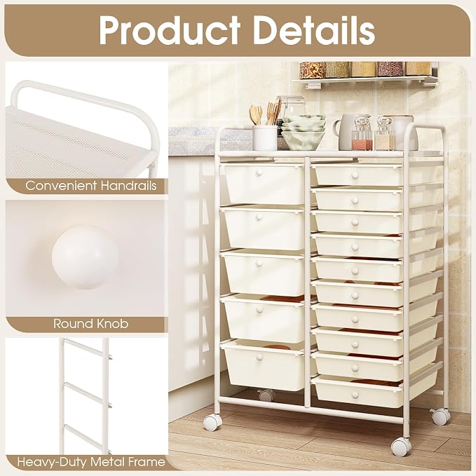 COSTWAY 15 Drawer Rolling Storage Cart, Mobile Storage Organizer | Removable Drawers & Metal Frame, Multipurpose Utility Tools Paper Organizer on Wheels for Home, Office (White) - Image 6