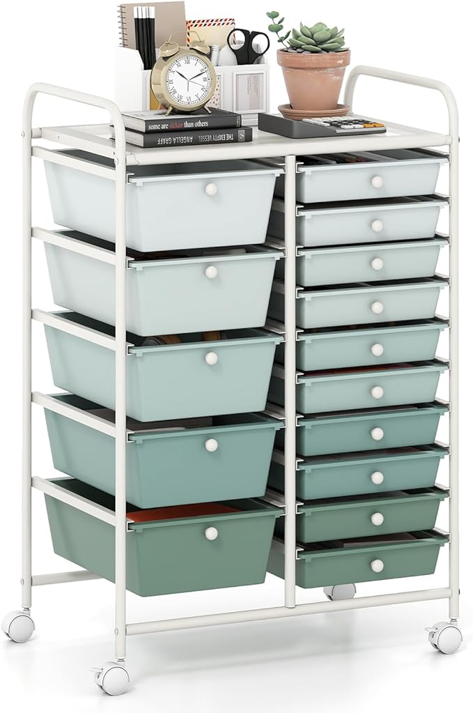 GOFLAME 15-Drawer Rolling Storage Cart, Craft Storage Cart with Removable Drawers & Lockable Wheels, Art Cart Supply Storage Organizer for Home Office Classroom, Green Gradient by GOFLAME