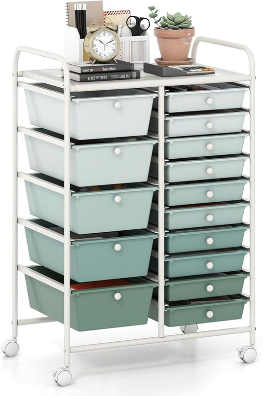 GOFLAME 15-Drawer Rolling Storage Cart, Craft Storage Cart with Removable Drawers & Lockable Wheels, Art Cart Supply Storage Organizer for Home Office Classroom, Green Gradient by GOFLAME