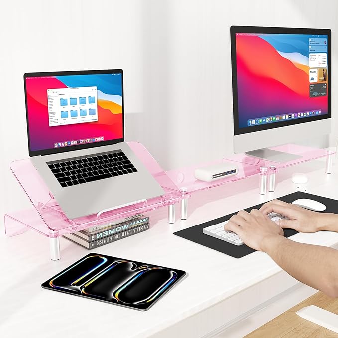 Pink Acrylic Dual Monitor Stand Riser,Laptop Riser Adjustable to 8 Angles | Double Computer monitor riser for desk for 2 Monitors,Desktop organizer Stand for Laptop,PC,Printer,TV，Cute Desk Accessories - Image 3