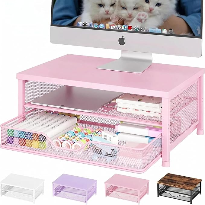 Computer Monitor Stand Riser, Desk Organizer with Drawer, Printer & Laptop Stand, Office Desk Accessories & Workspace Desktop Organizers Storage for Office Supplies(Pink) by OPNICE