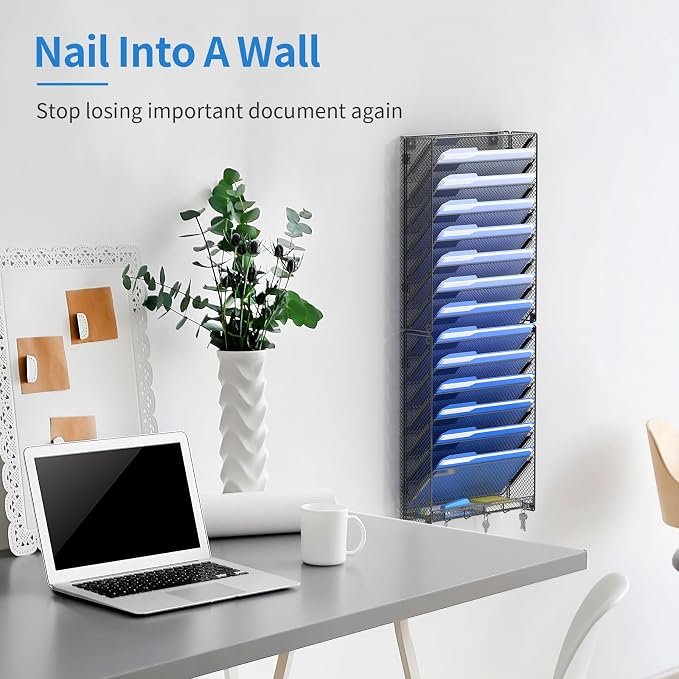 OUTWOLF 15 Tier Wall File Organizer with Hooks, Hanging Wall File Holder Wall Mount Paper Folder Organizer for Office, Magazine Rack - Image 4