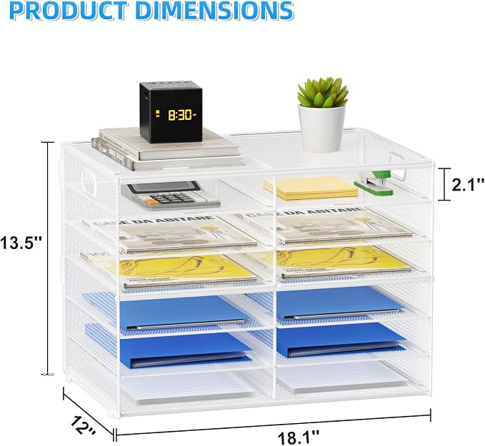 Lavatino 12 Compartments Paper Organizer for Desk, Mesh Literature Organizer, Mail File Sorter Tray with Handle, Desktop Mailbox for Office Classroom Home - White - Image 4