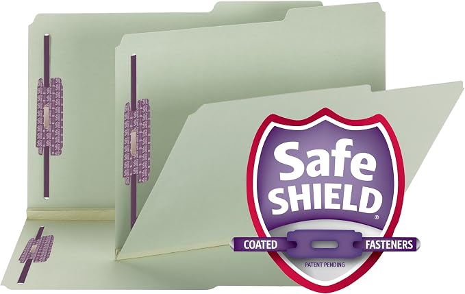 Smead Pressboard Fastener File Folder with SafeSHIELD Fasteners, 2 Fasteners, 2/5-Cut Tab Right Position, Guide Height, 2" Expansion, Legal Size, Gray/Green, 25 per Box (19920) by SMEAD