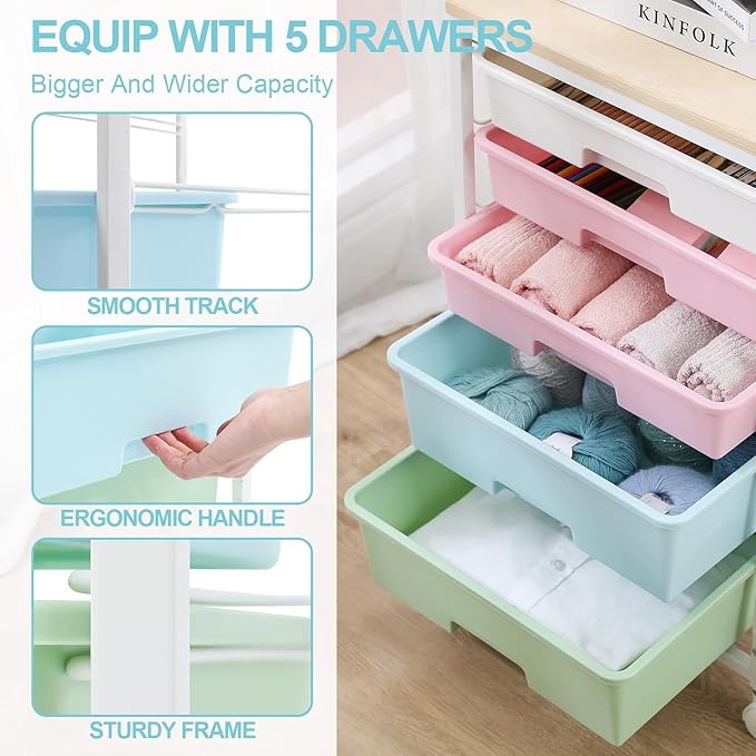 SYKIARIOL Utility Cart with 5 Drawers with Wooden Top, Rainbow | 5-Tiers Storage Cart with Drawers with Lockable Wheels for Craft Organizers and Storage,Home Office,Classroom,Dorm ,Playroom - Image 5