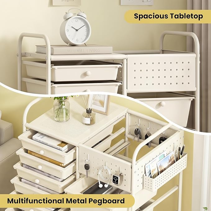 GOFLAME 14-Drawer Rolling Storage Cart with Pegboard, Craft Storage Cart with Lockable Wheels and Metal Frame, Multifunctional Art Cart Supply Storage Organizer for Home Office Classroom, White - Image 5
