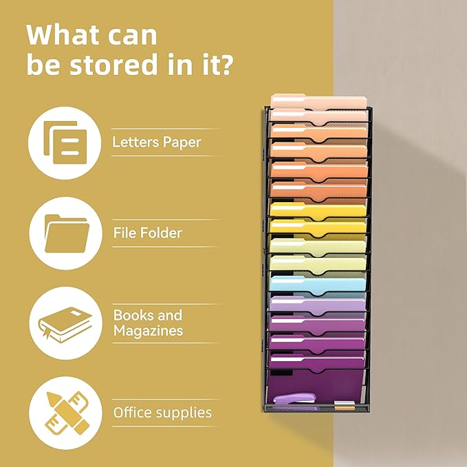 16-Tier Hanging Wall File Holder Organizer for Papers, Folders, Files Clipboard & Magazine Organization Great for Office Home, Assembly Needed, Black | Paper, Folder, Magazine Rack Great for Office Home School, Assembly Needed, Black - Image 5